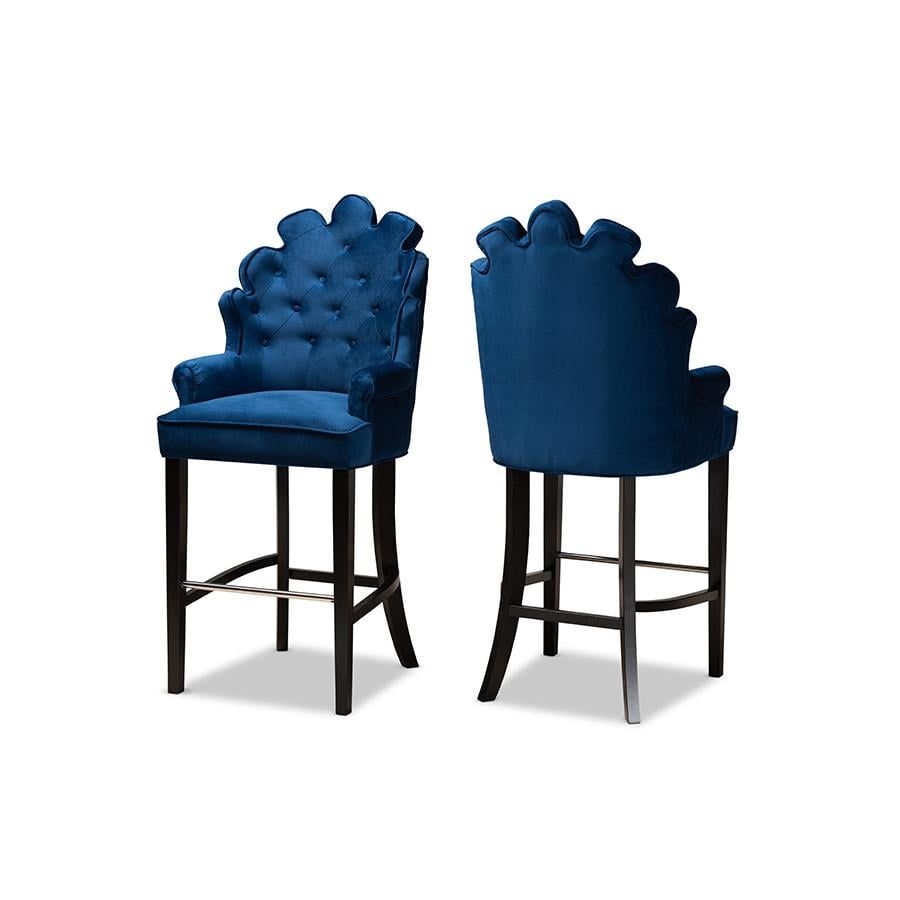 Chloe Adjustable Navy Blue Velvet and Dark Brown Wood Bar Stool