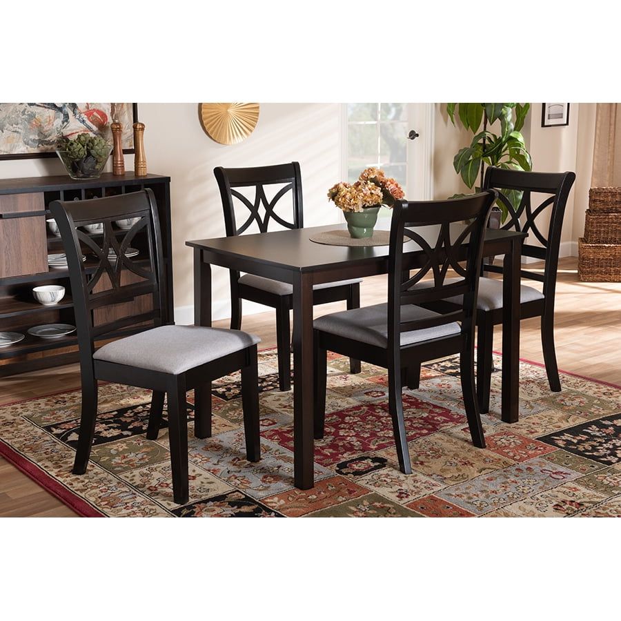 Espresso Brown Wood Dining Set with Grey Upholstered Chairs