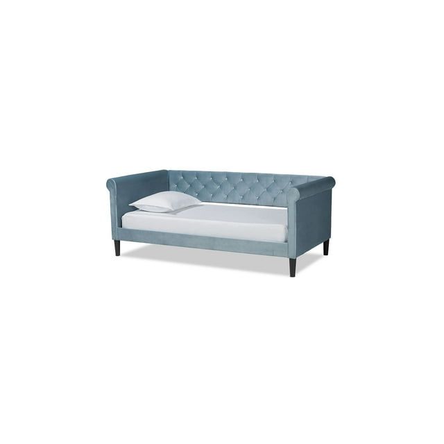 Cora Chic Light Blue Velvet & Dark Brown Wood Full Daybed