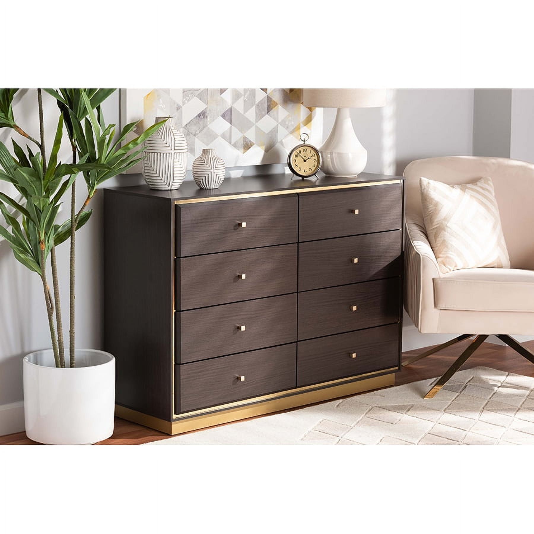 Espresso Brown Wood and Gold Metal 8-Drawer Dresser