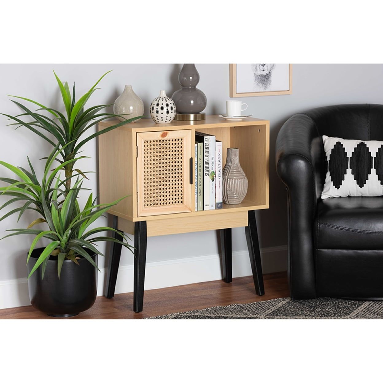 Mid-Century Oak and Black Console Table with Rattan Door