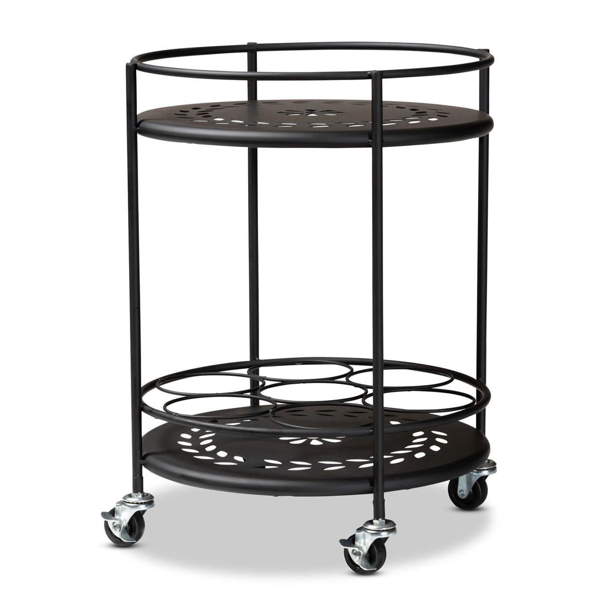 Black Round Metal Kitchen Cart with Wine Rack