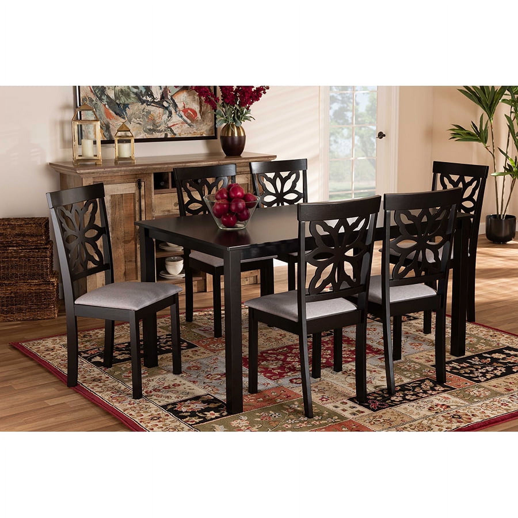 Dallas Dark Brown Wood and Grey Fabric 7-Piece Dining Set