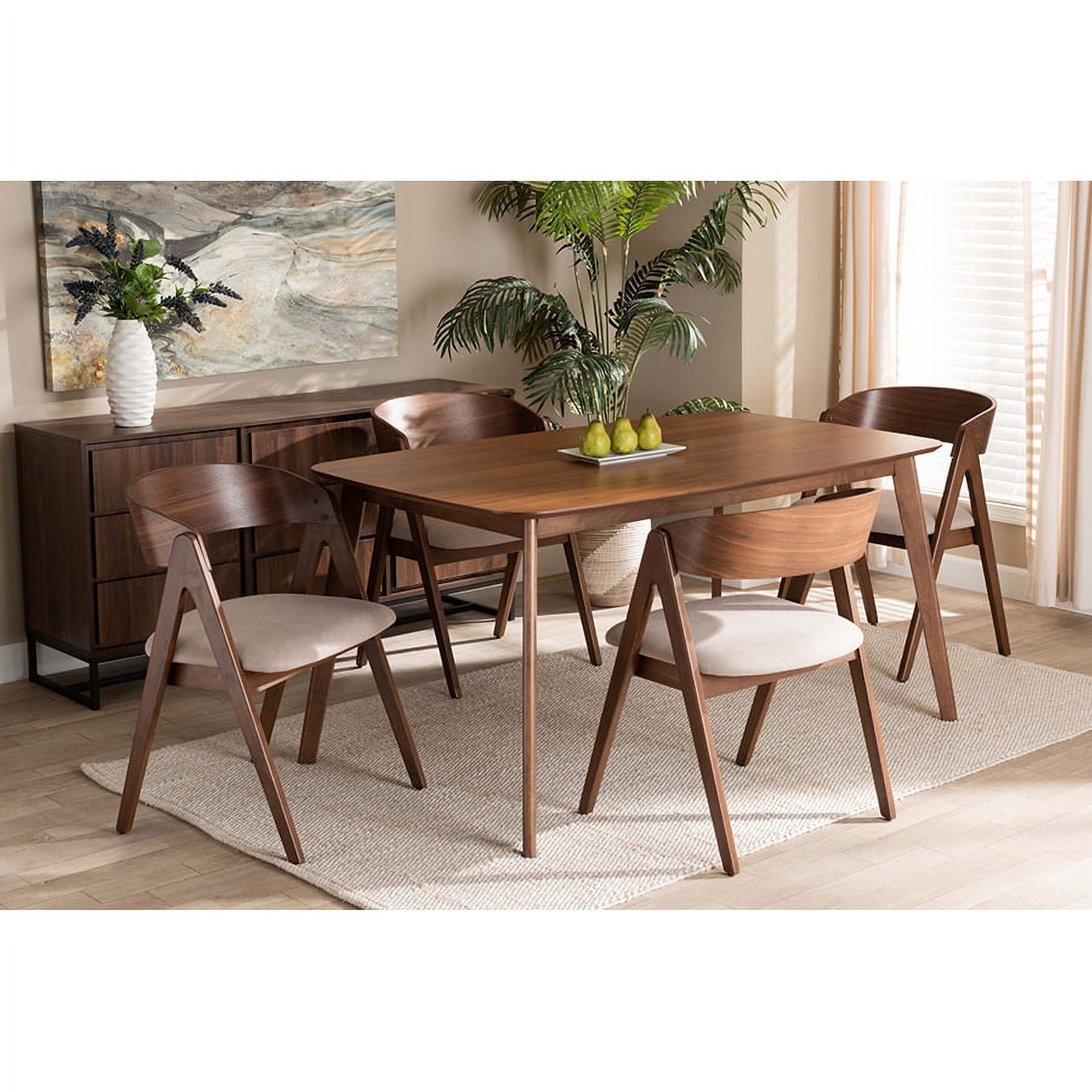 Walnut Brown Mid-Century Modern 5-Piece Dining Set with Beige Upholstery