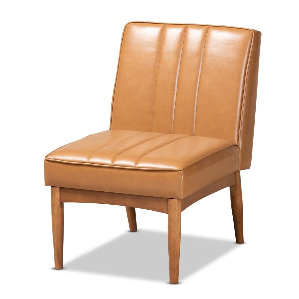 Tan Faux Leather and Walnut Wood Low Arm Chair