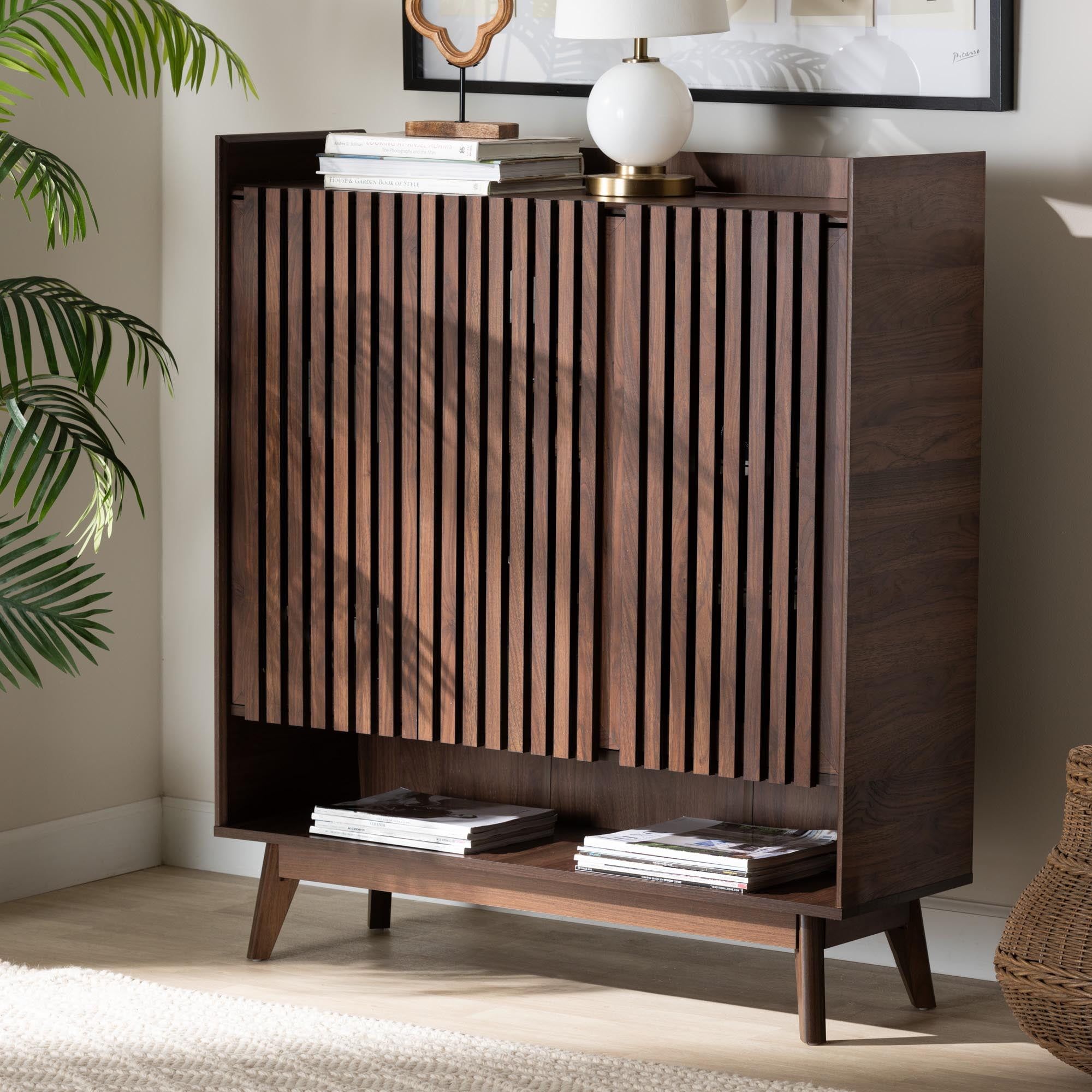 Walnut Brown Mid-Century Modern Wood Shoe Cabinet with Shutter Doors