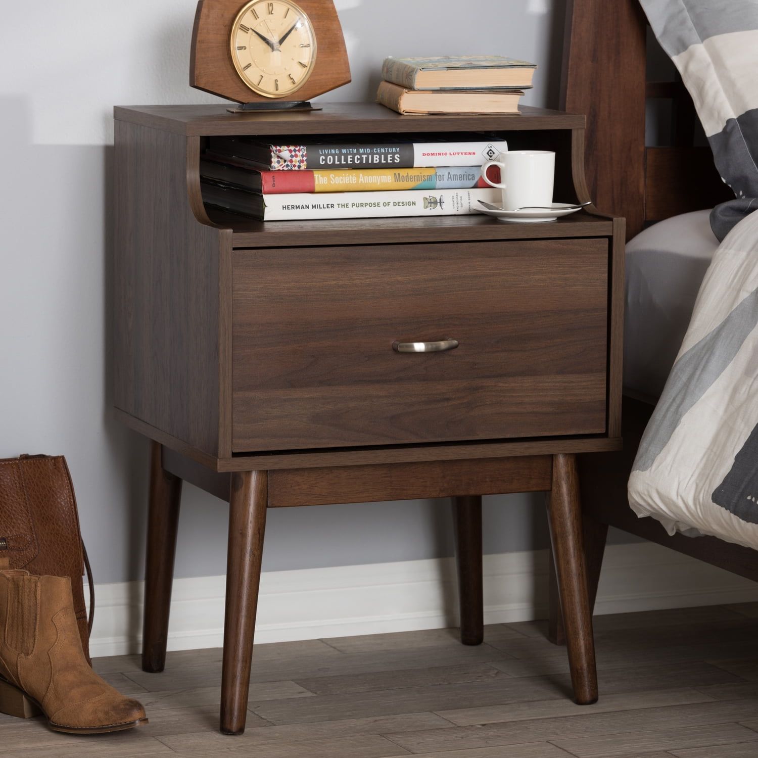 Disa Mid-Century Walnut Brown 1-Drawer Nightstand