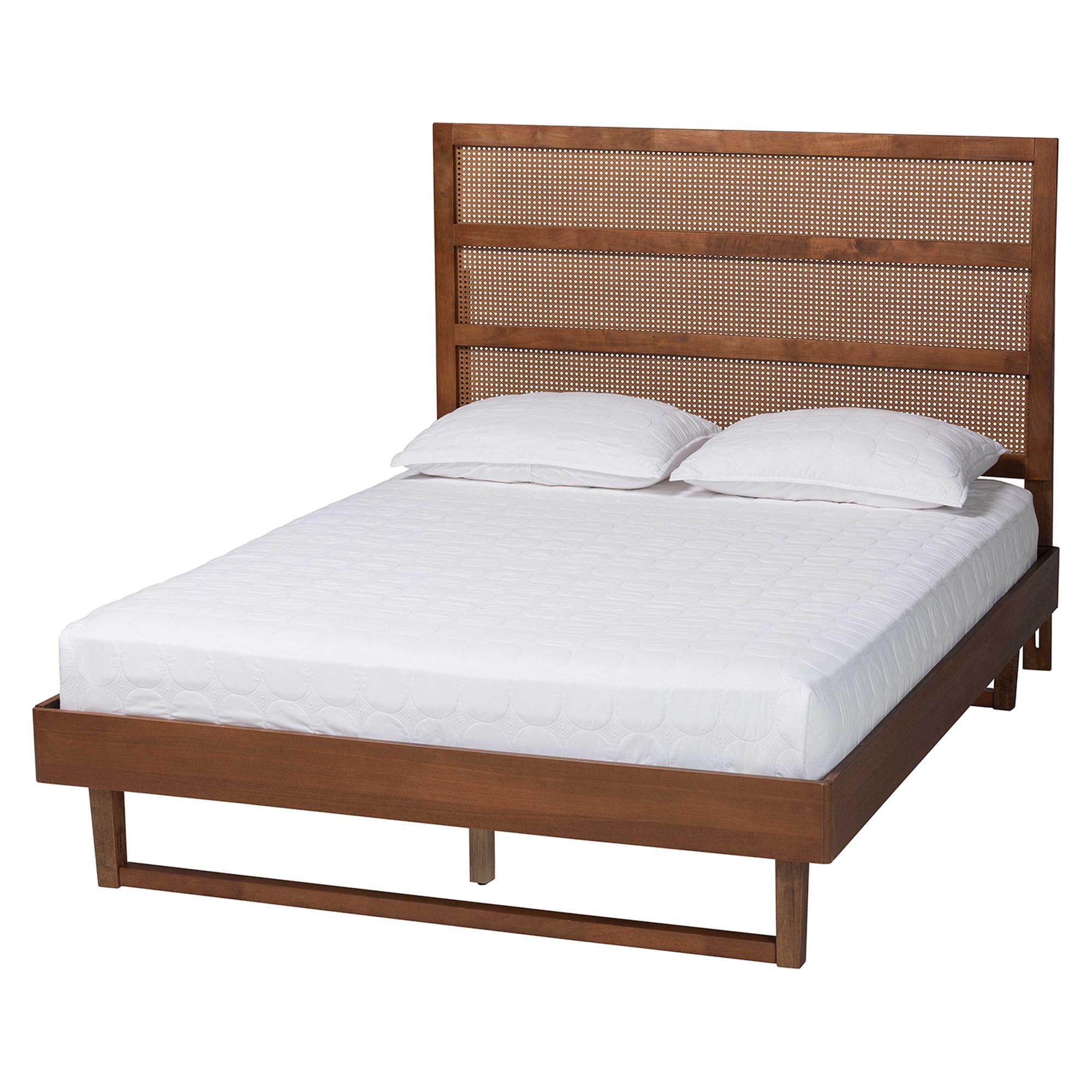 Walnut Brown Wood Queen Platform Bed with Woven Rattan Headboard