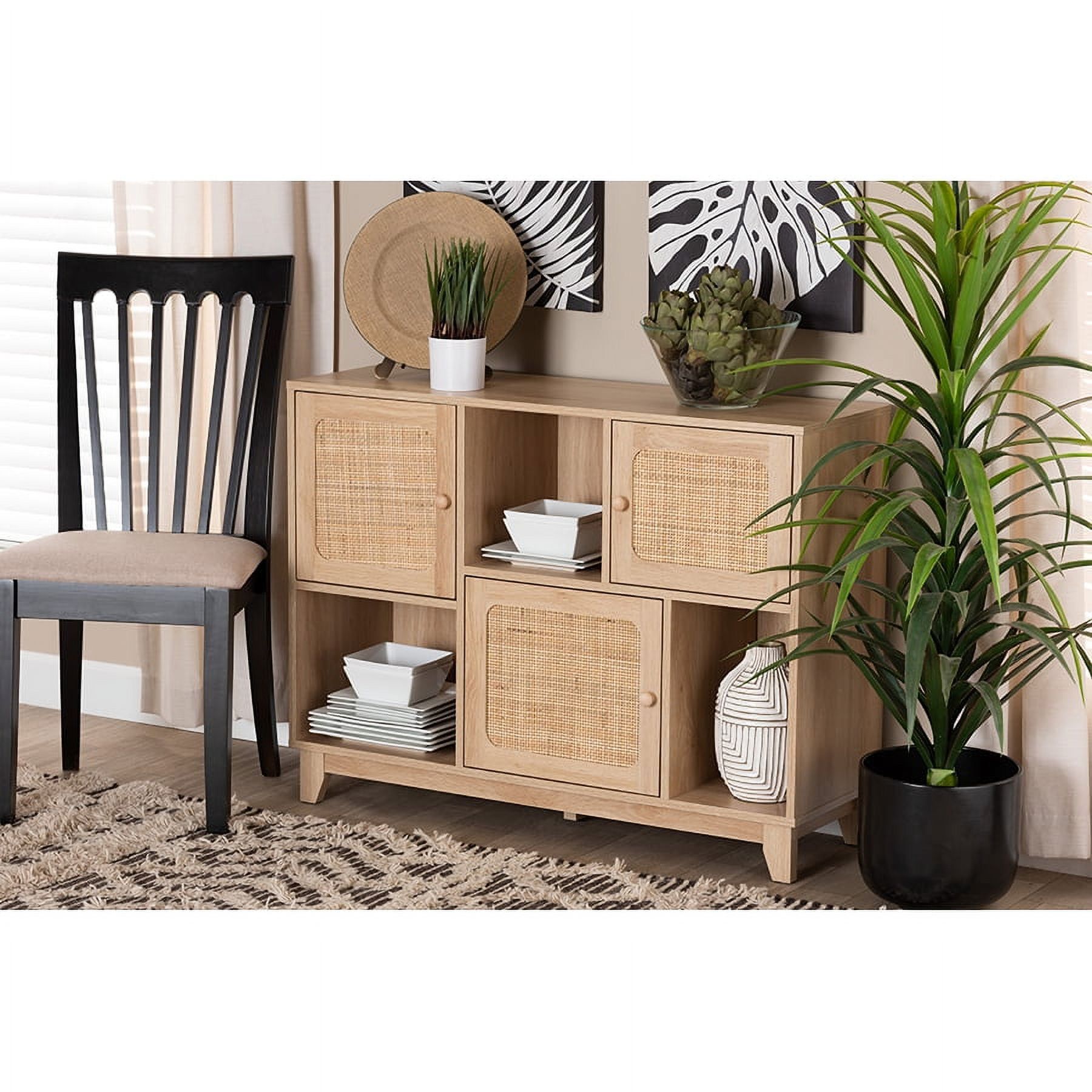 Elsbeth Light Brown Wood and Rattan 3-Door Sideboard