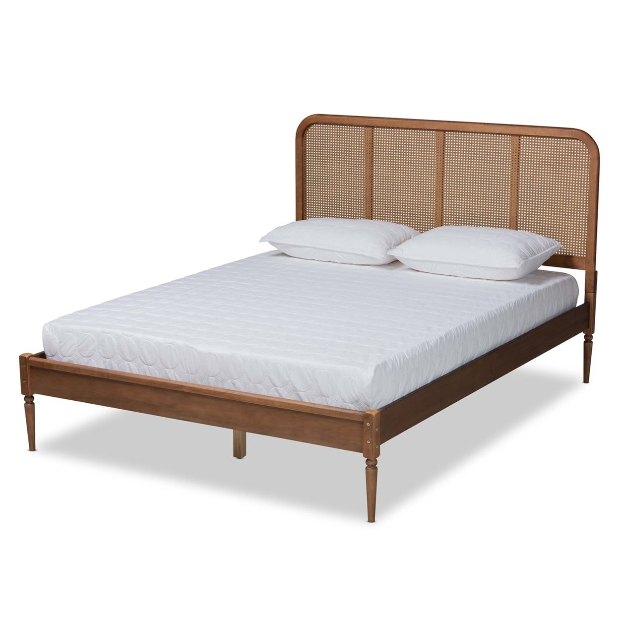 Elston Full Size Walnut Wood and Rattan Platform Bed
