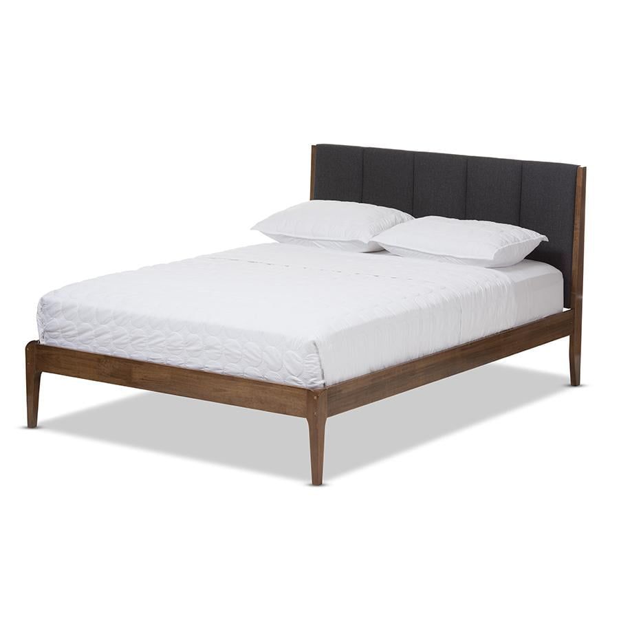 King-Size Walnut Wood Frame Upholstered Platform Bed with Tufted Headboard