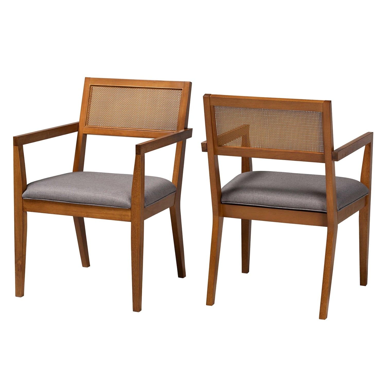 Grey Fabric and Walnut Wood Accent Chair Set with Woven Rattan