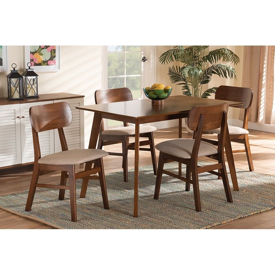 Euclid 5-Piece Sand Fabric & Walnut Wood Mid-Century Dining Set