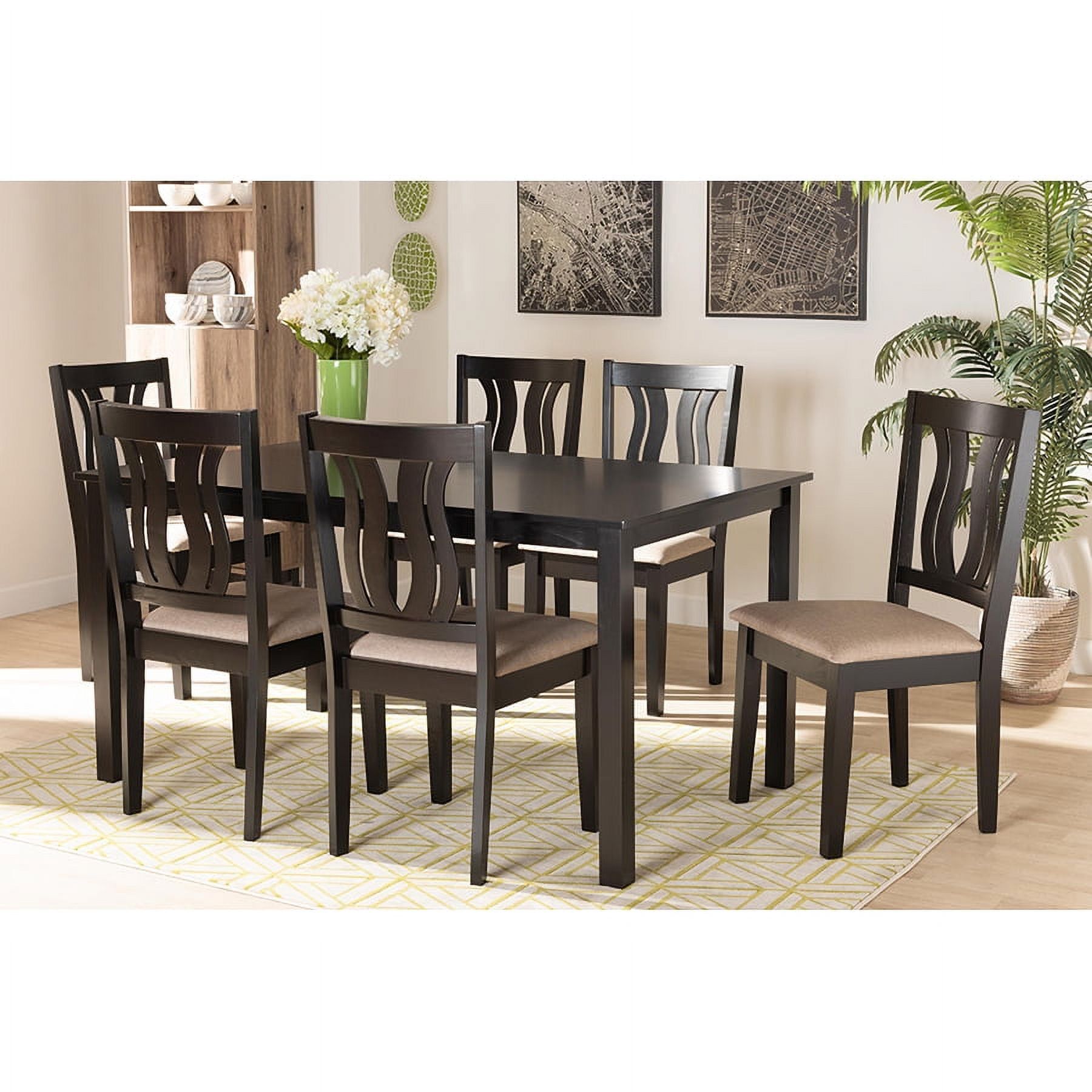 Fenton Sand Fabric & Dark Brown Wood 7-Piece Dining Set