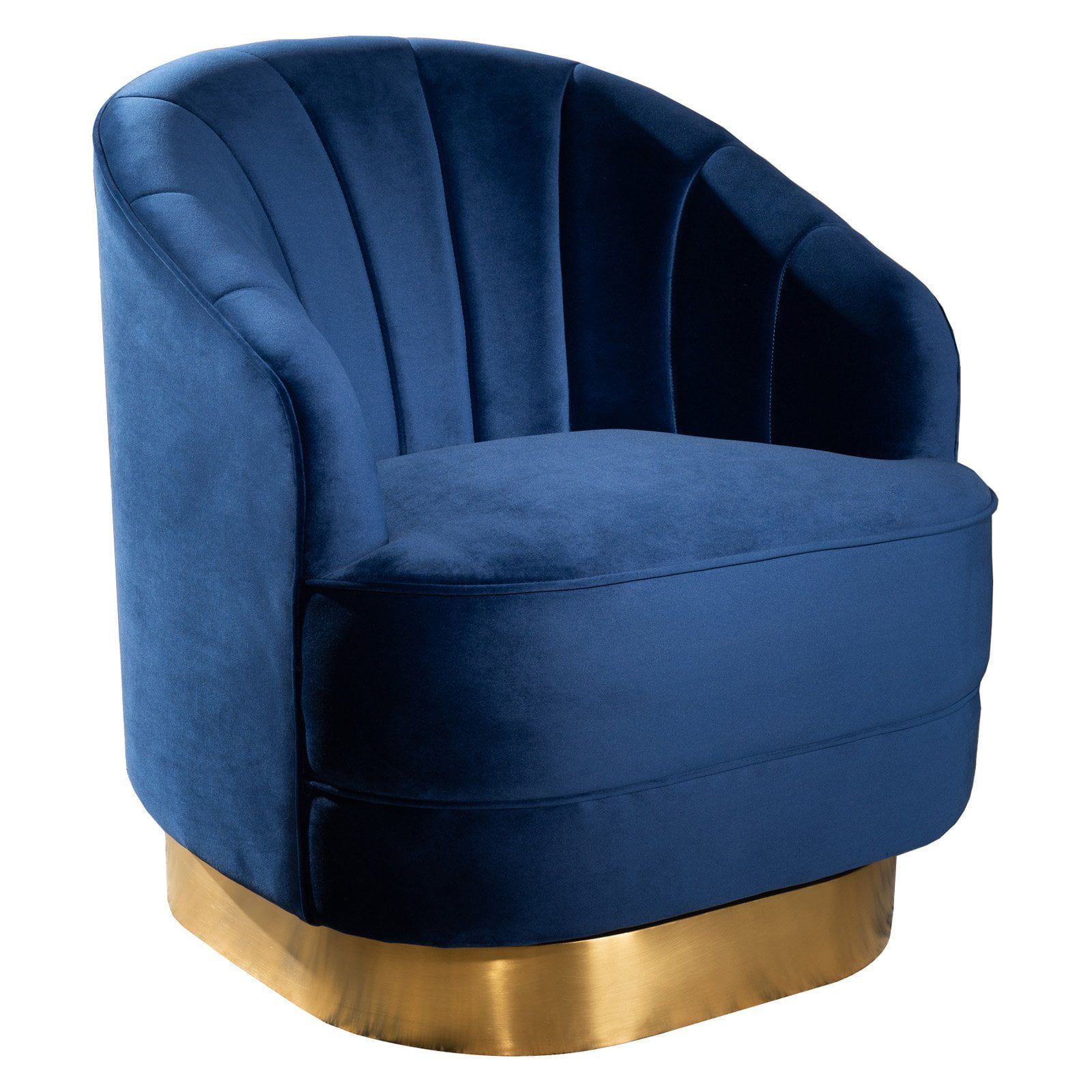 Royal Blue Velvet Barrel Swivel Accent Chair with Brushed Gold Base