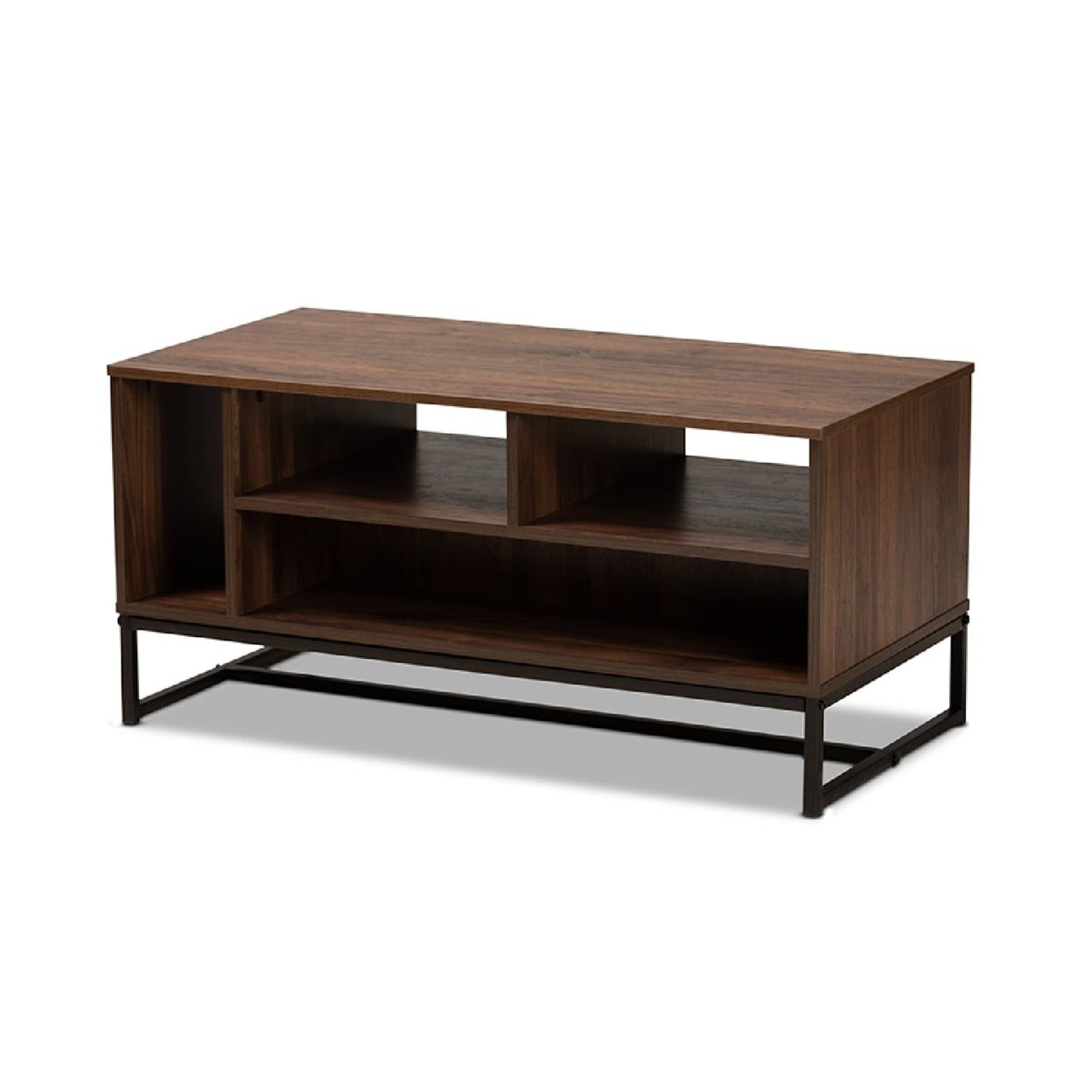 Walnut Brown Wood and Black Metal Rectangular Coffee Table