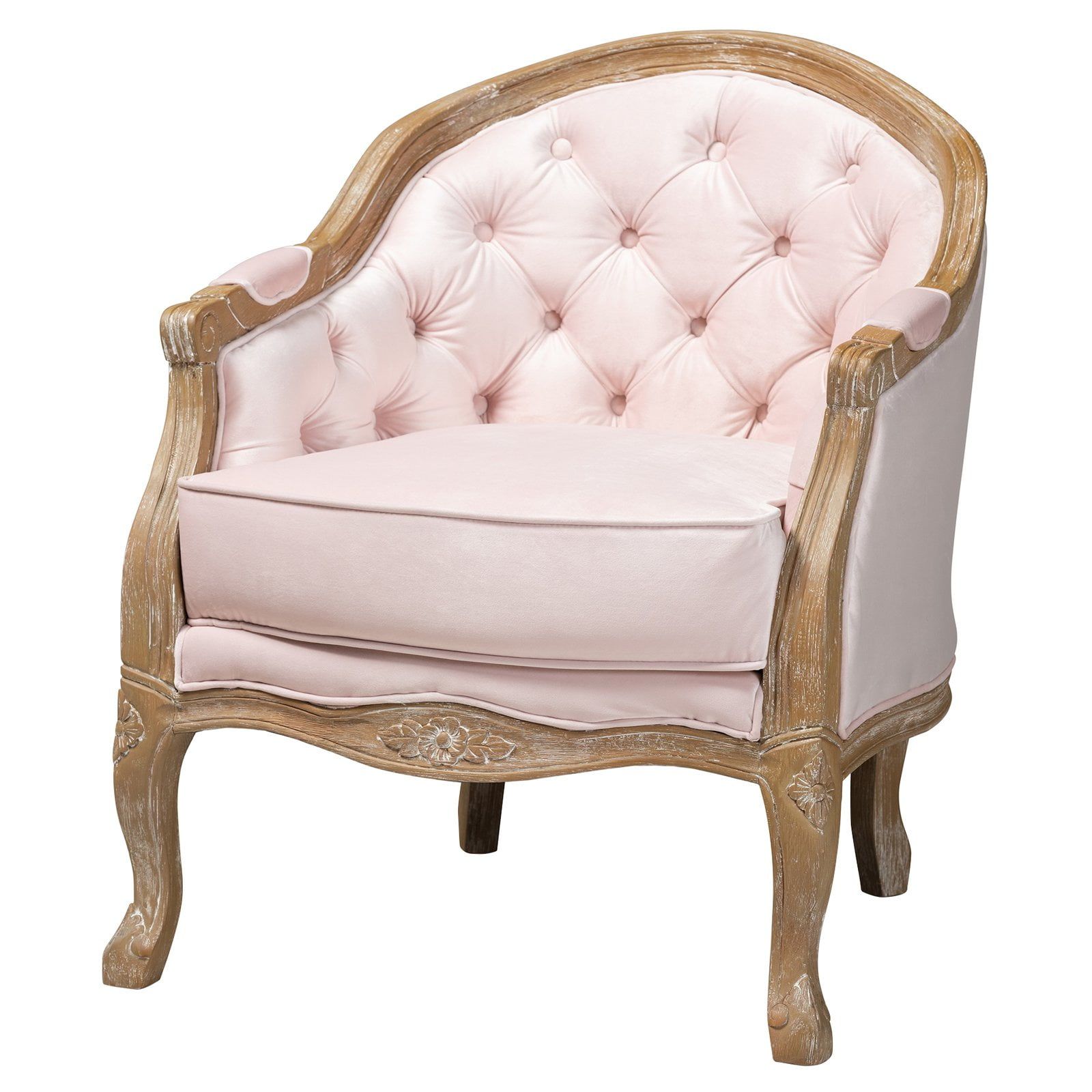 Genevieve White Velvet and Oak Wood Accent Chair