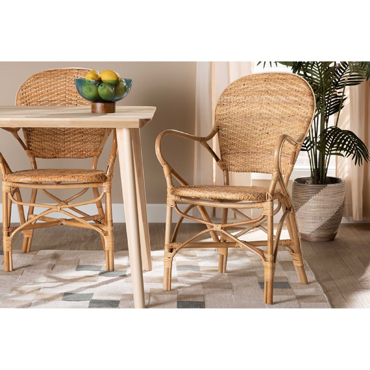 Low Brown Rattan and Cane Arm Chair