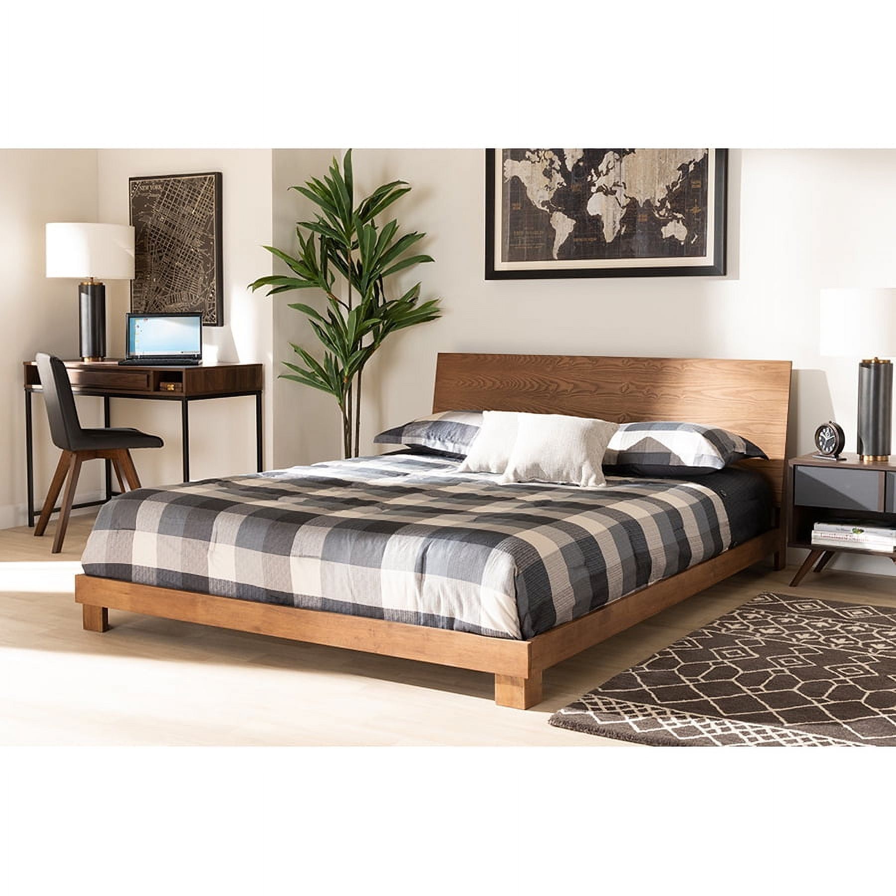 Walnut Brown Full Size Wood Platform Bed with Tufted Upholstery