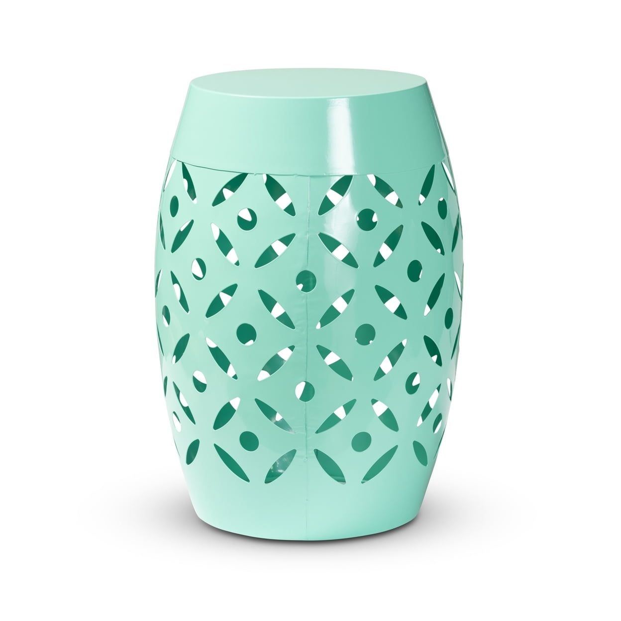 Aqua Blue Metal Barrel Outdoor Side Table with Cut-Out Design