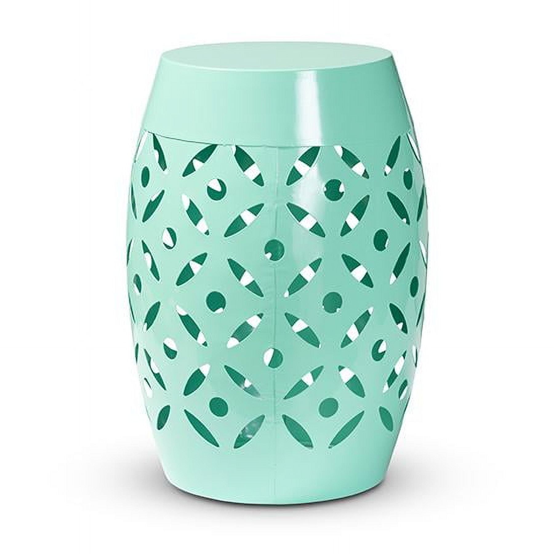 Aqua Blue Metal Barrel Outdoor Side Table with Cut-Out Design