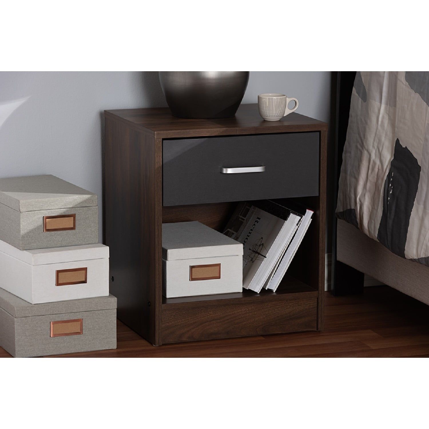 Modern Hansel 1-Drawer Nightstand in Dark Brown and Grey Finish