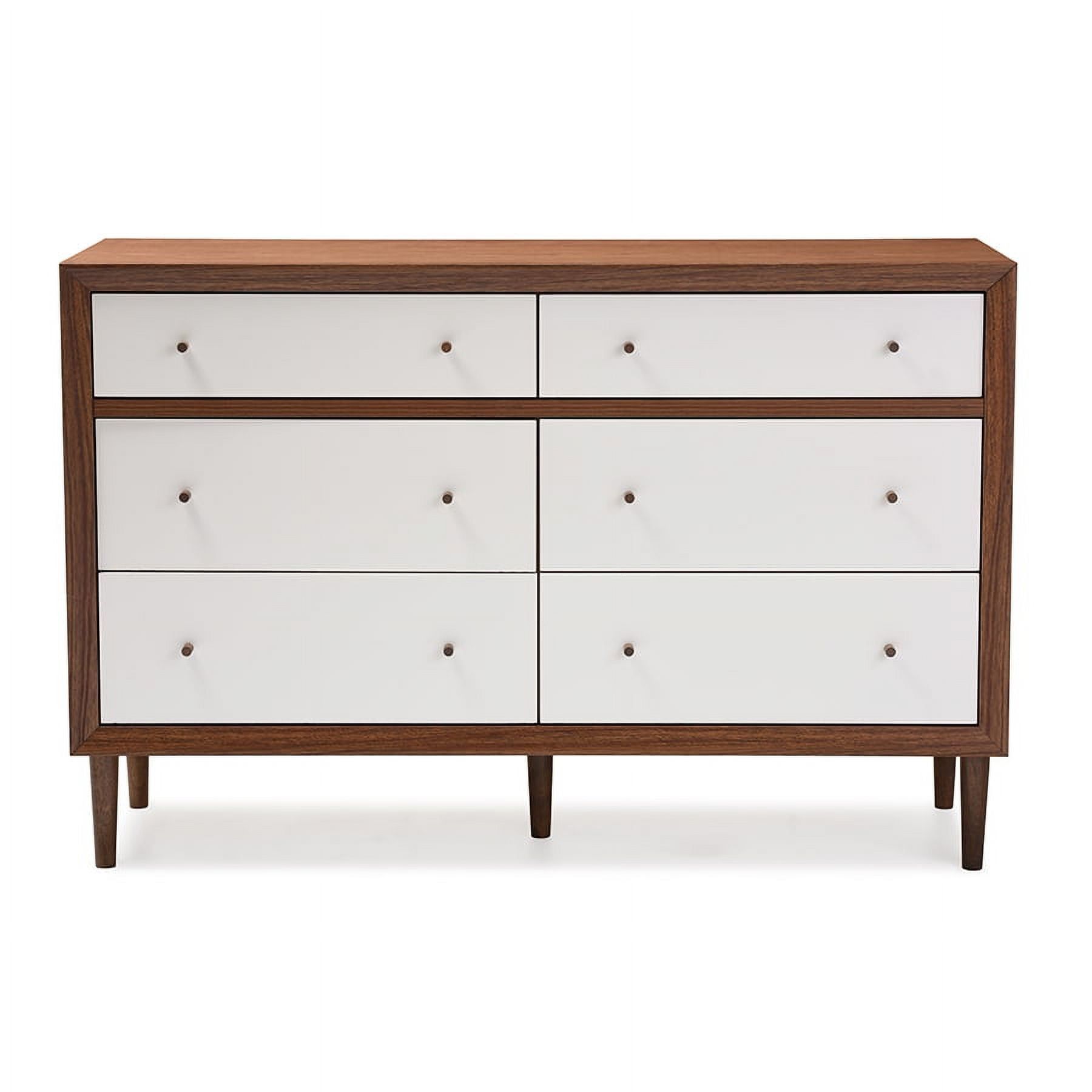 Harlow 54" White and Walnut Mid-Century Modern 6-Drawer Dresser