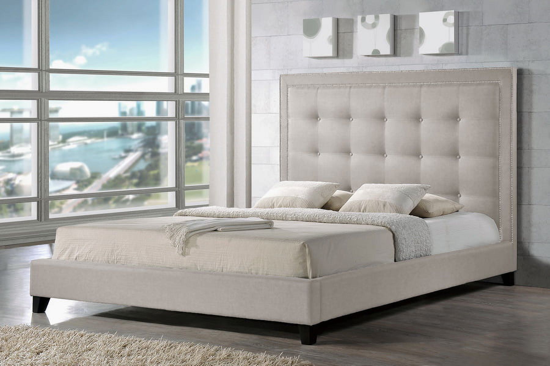 Elegant King-Sized Light Beige Linen Upholstered Bed with Nailhead Trim