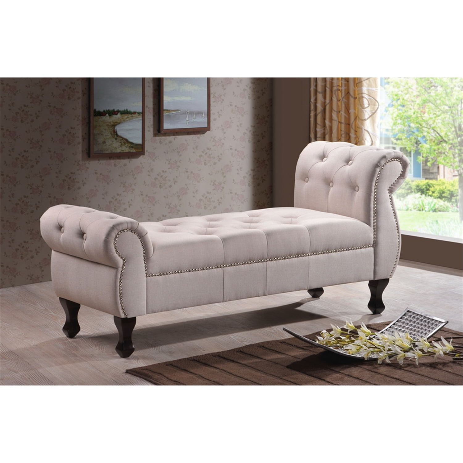Elegant Ipswich Beige Linen Tufted Bedroom Bench with Silver Trim