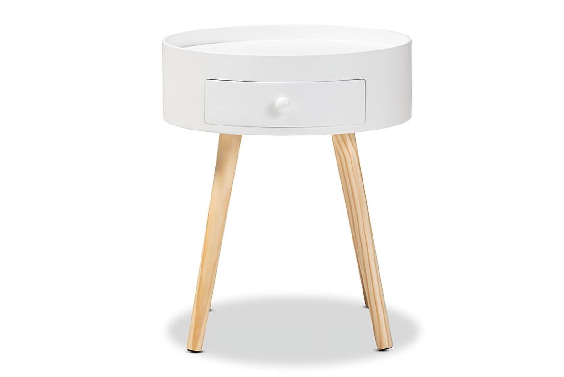 White Round Wood End Table with Drawer and Angled Legs
