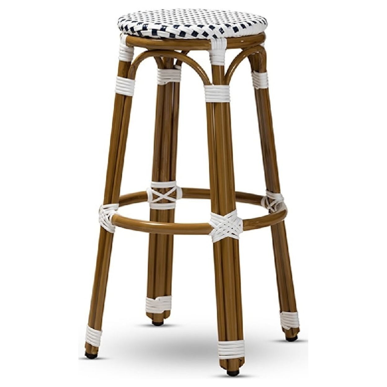 Navy and White Woven Aluminum Armless Bar Stool