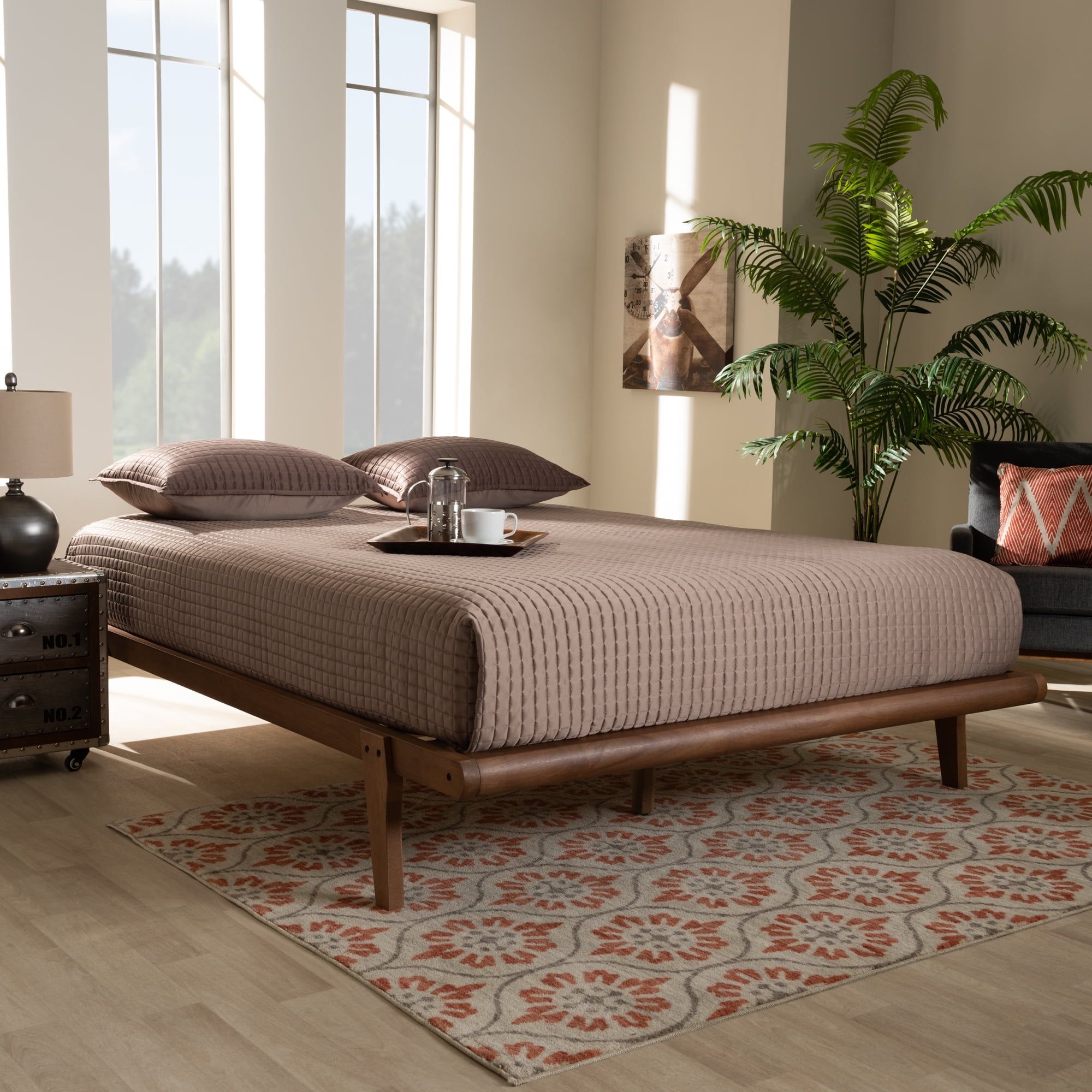 Kaia Mid-Century Modern King Bed Frame with Walnut Finish and Wood Slats