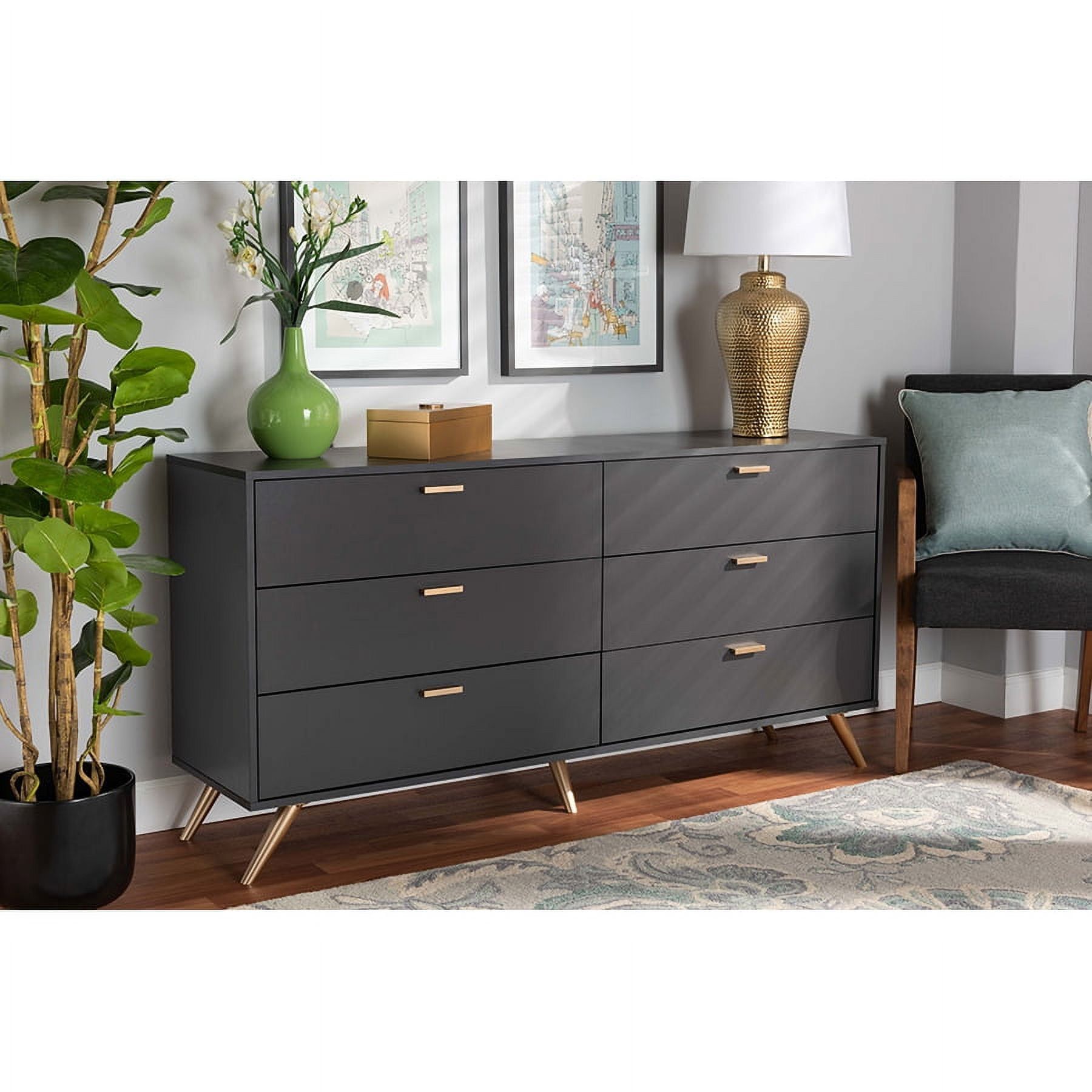 Kelson Dark Gray and Gold 6-Drawer Wood Dresser