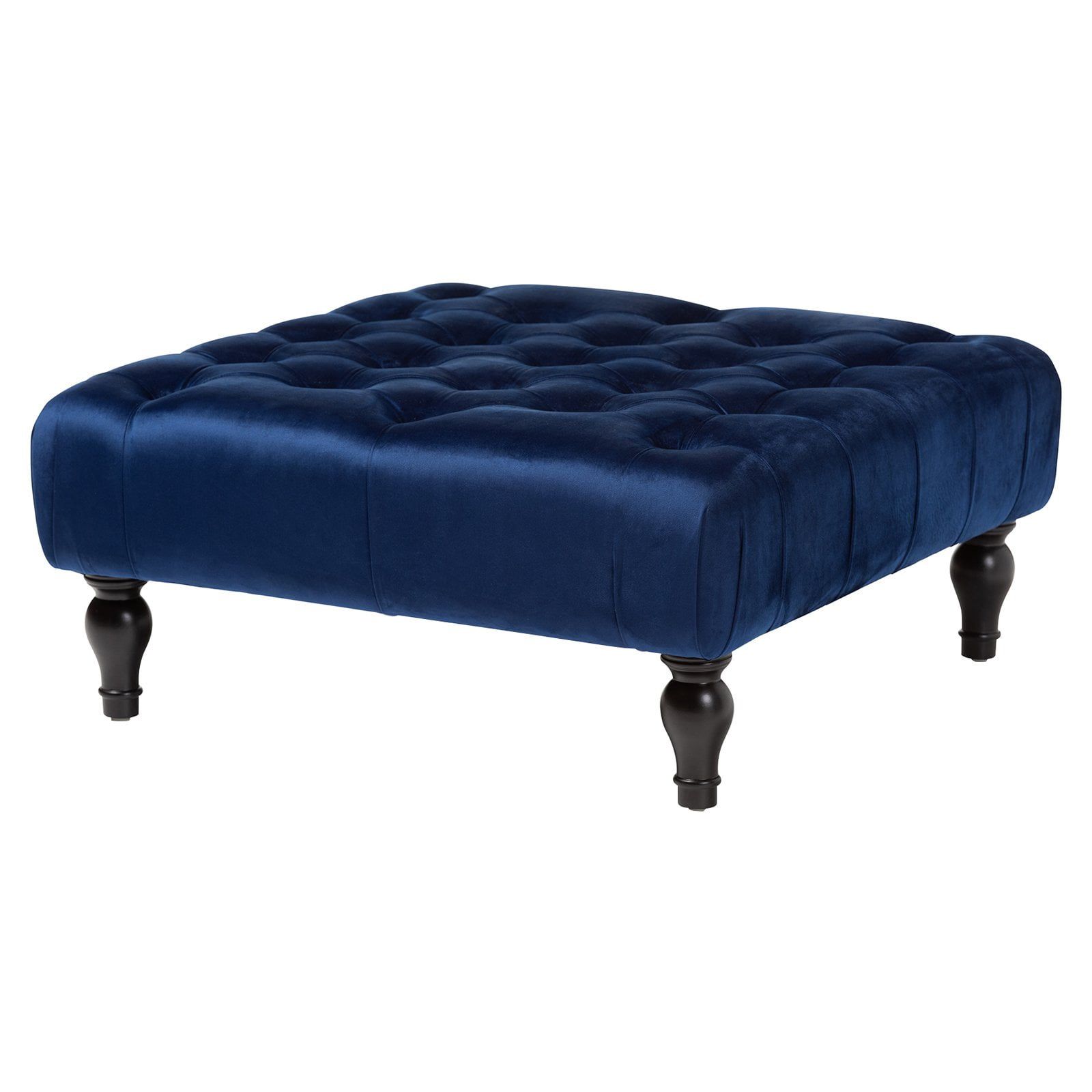 Keswick 36" Blue Velvet Tufted Ottoman with Eucalyptus Wood Base