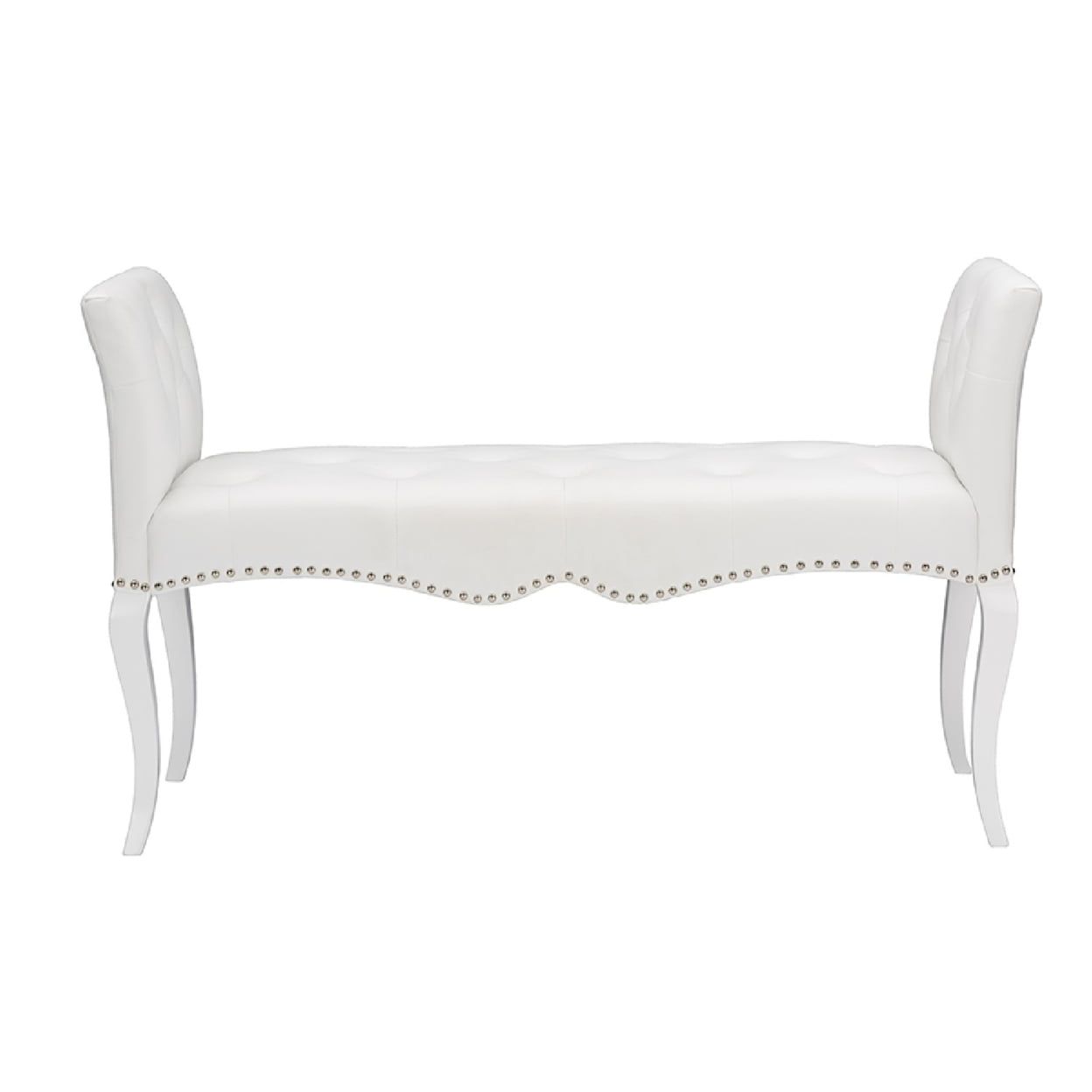 Kristy White Faux Leather Bench with Silver Nail Heads