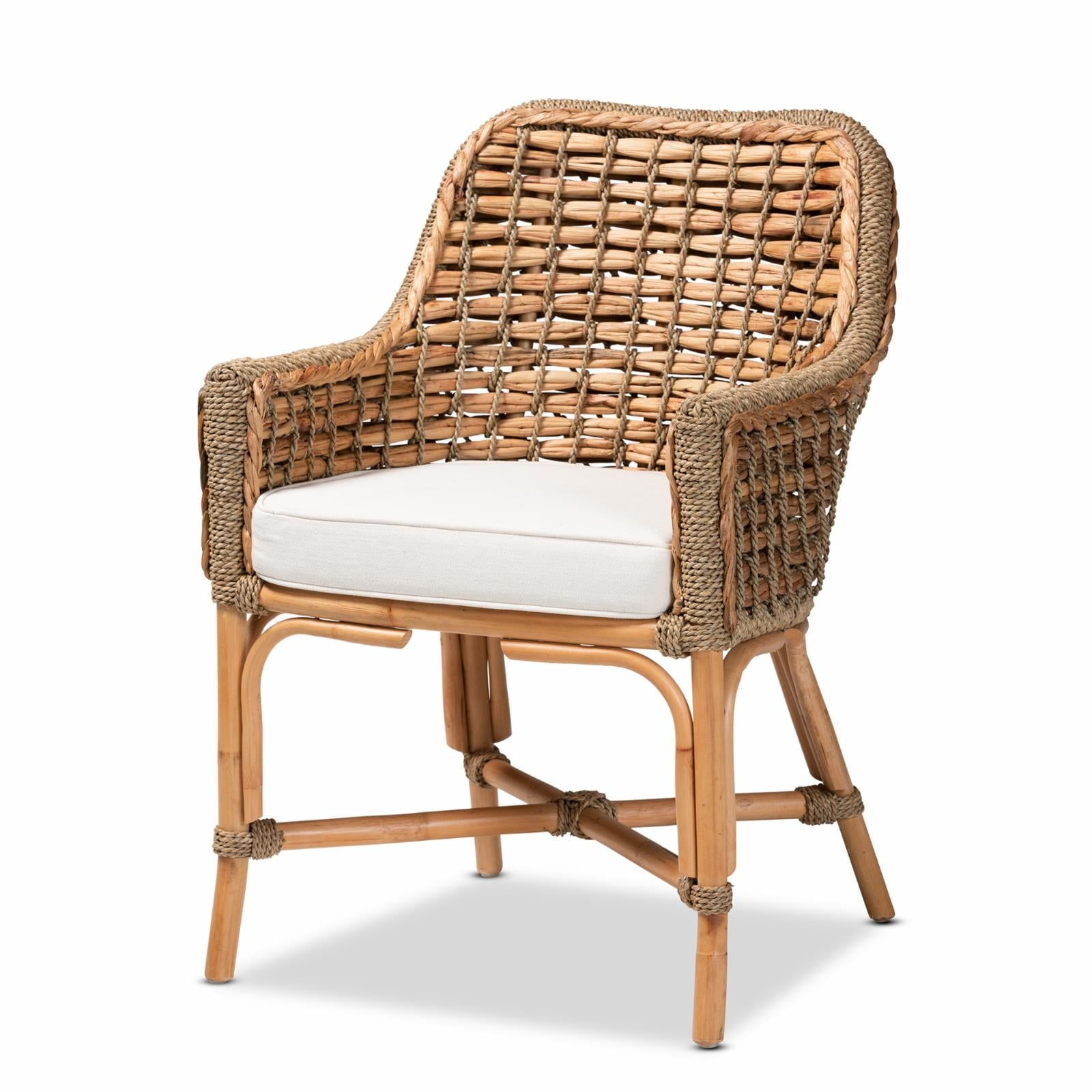 Low White and Brown Rattan Cane Arm Chair