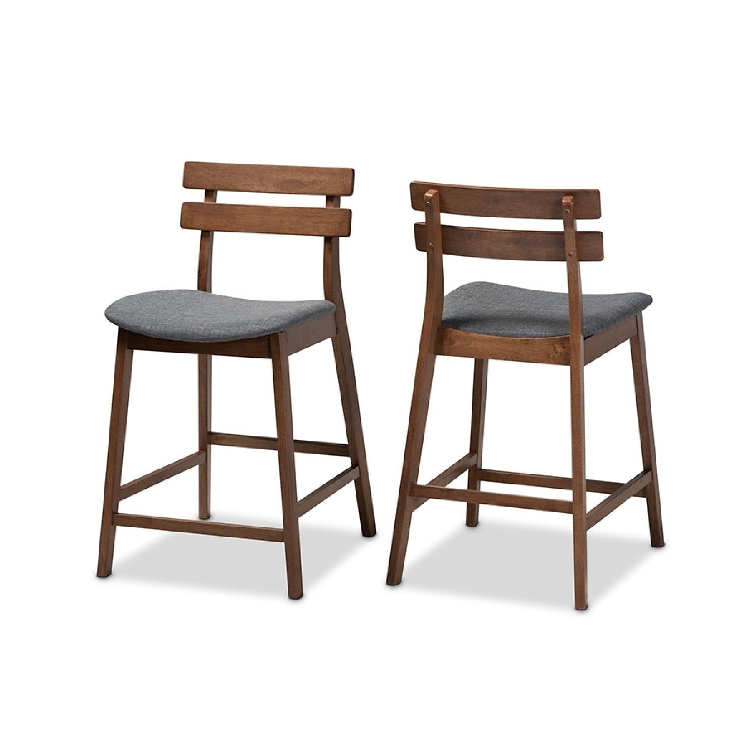 Larine Dark Grey Fabric and Walnut Wood Counter Stools, Set of 2