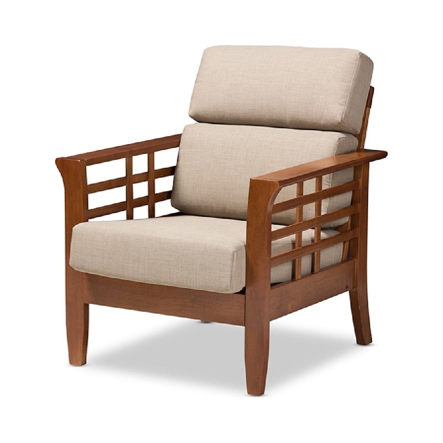 Beige Barrel Accent Chair with Cherry Wood Frame