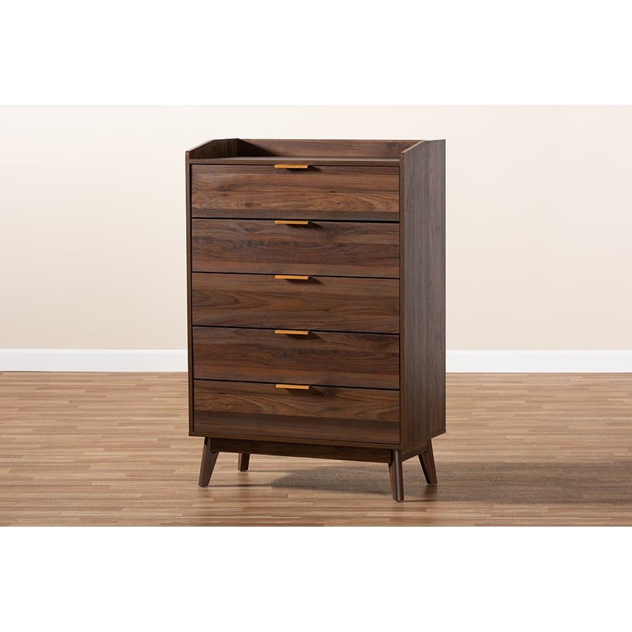 Walnut Brown Mid-Century 5-Drawer Chest with Gold-Tone Handles