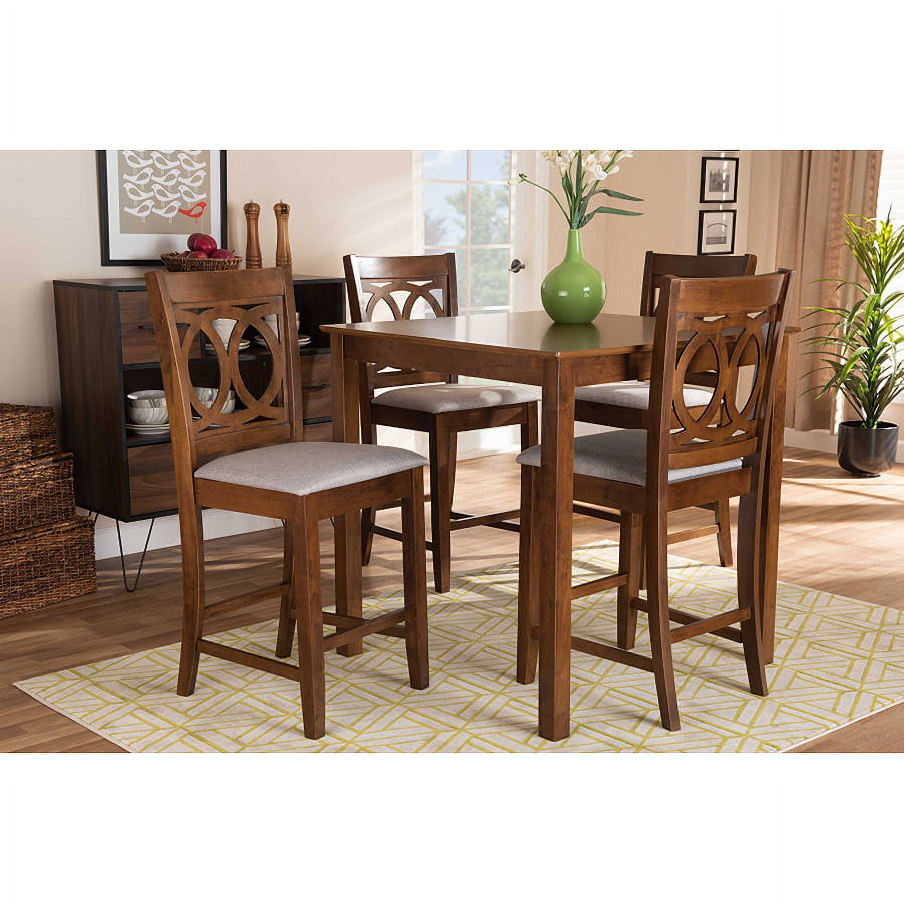 Walnut Brown 5-Piece Wood Pub Set with Grey Upholstered Chairs