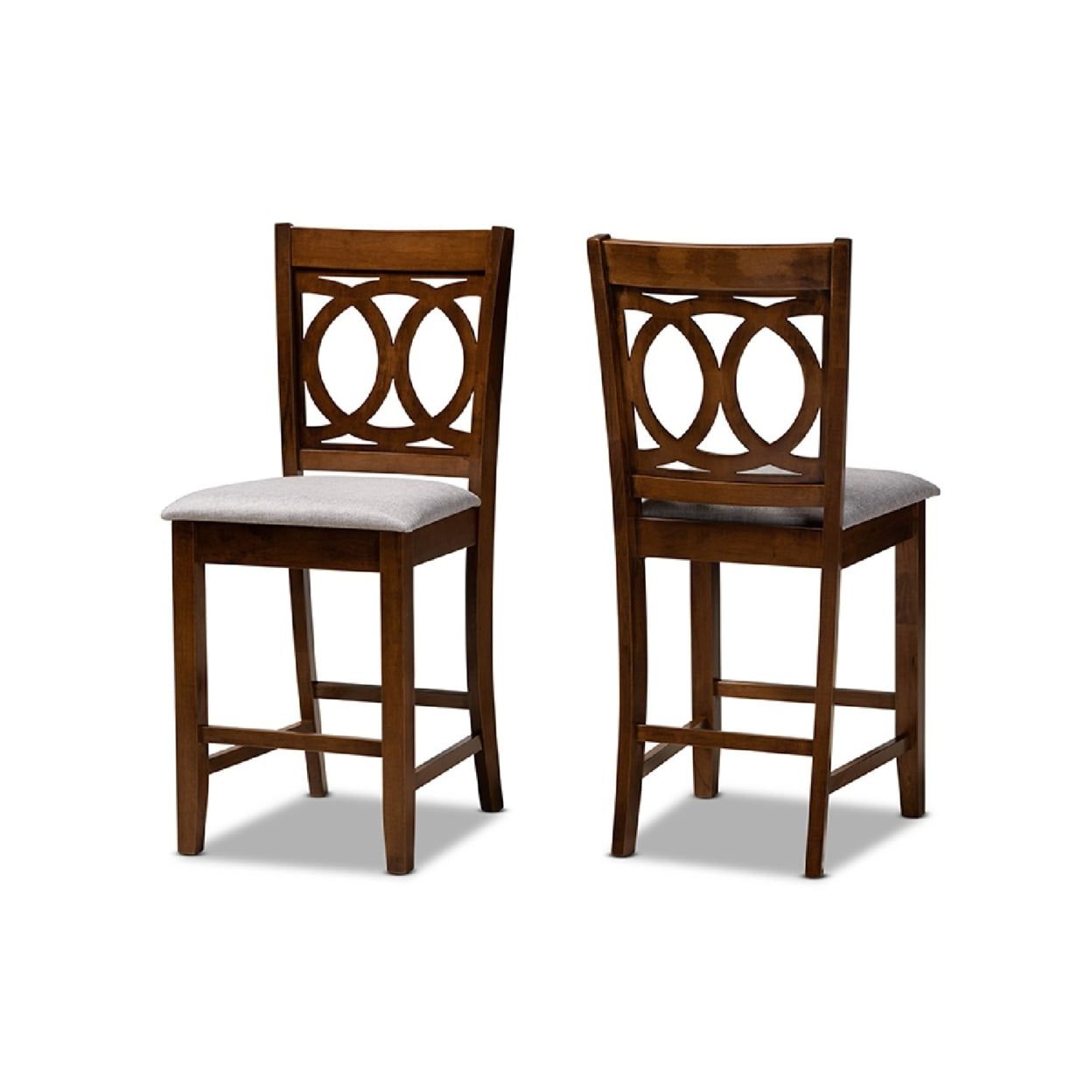 Lenoir Grey Fabric and Walnut Wood Counter Stools, Set of 2