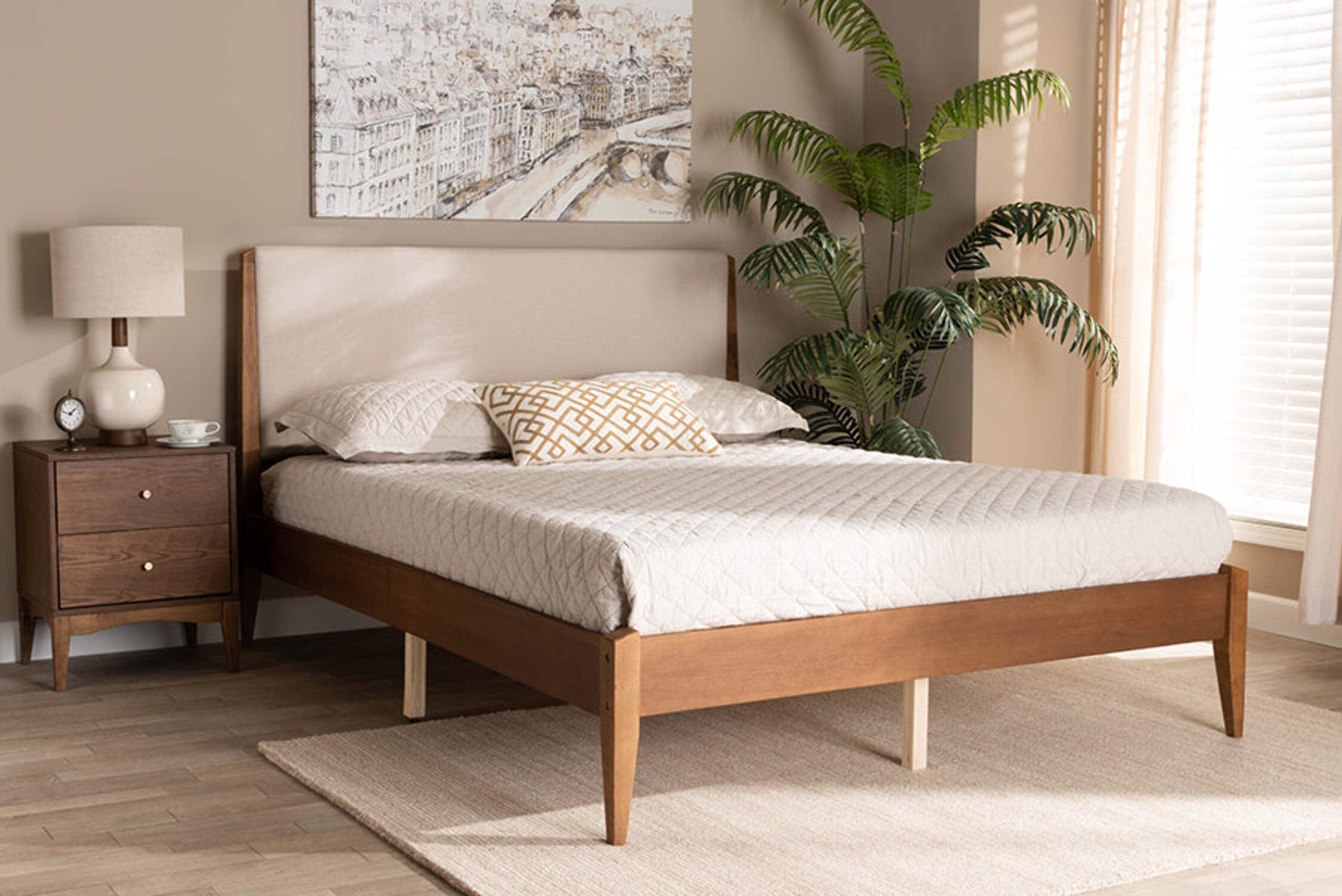 Lenora Walnut Brown King Platform Bed with Upholstered Headboard