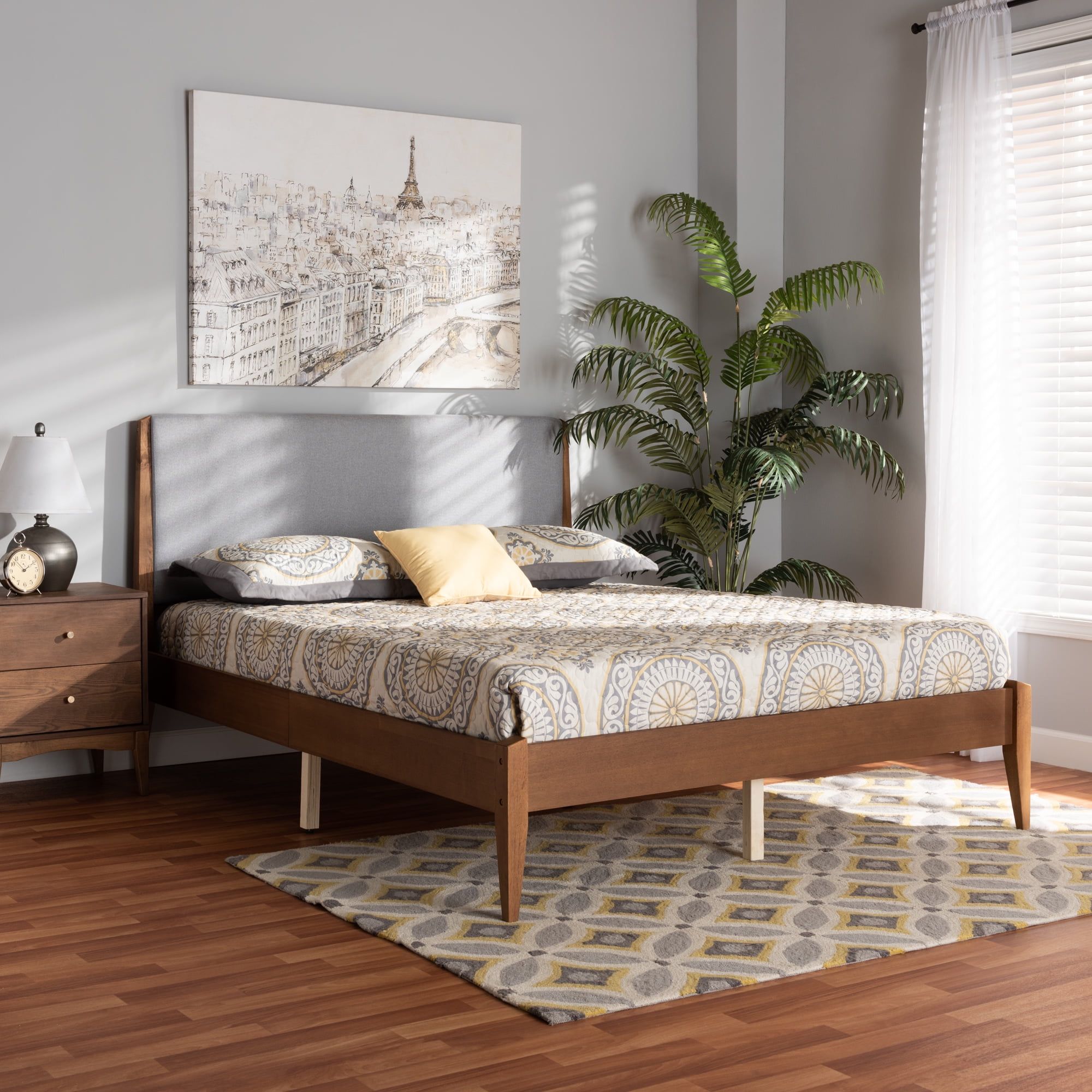 Lenora Mid-Century Modern Grey Upholstered King Platform Bed