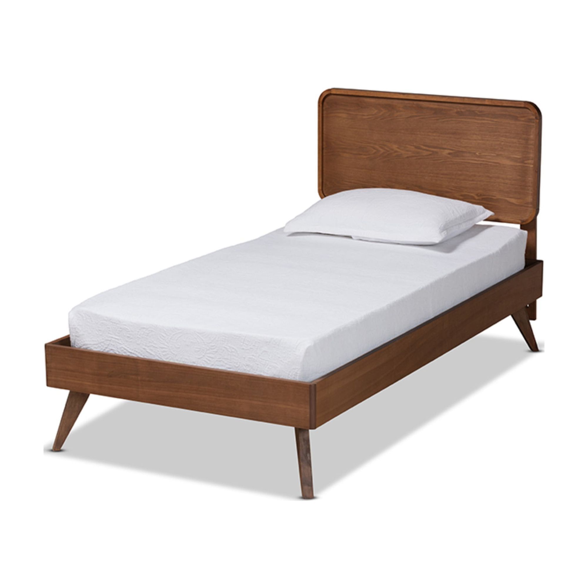 Leola Mid-Century Walnut Brown Wood Twin Platform Bed with Tufted Headboard