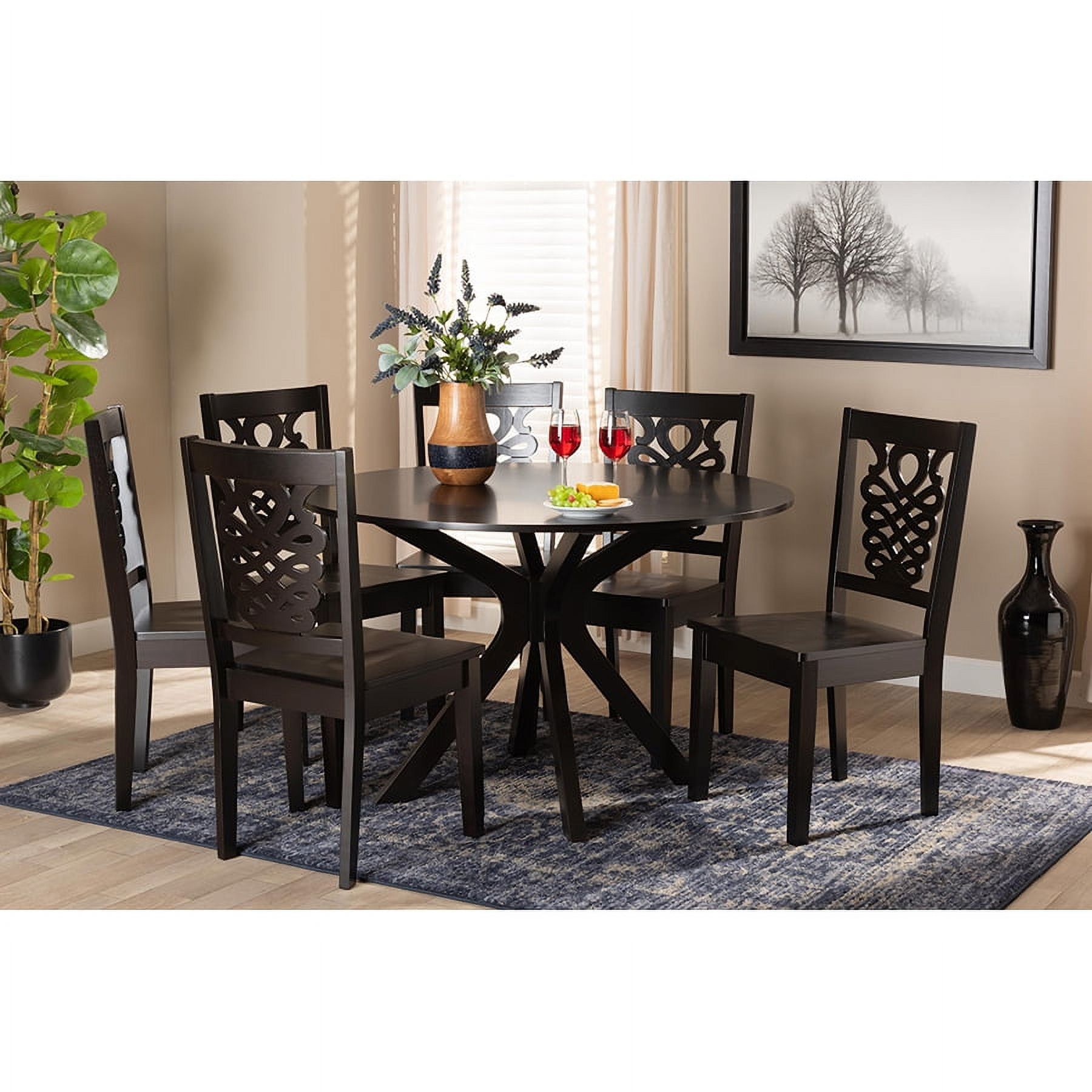 Dark Brown Circular Wood Dining Set with 6 Chairs