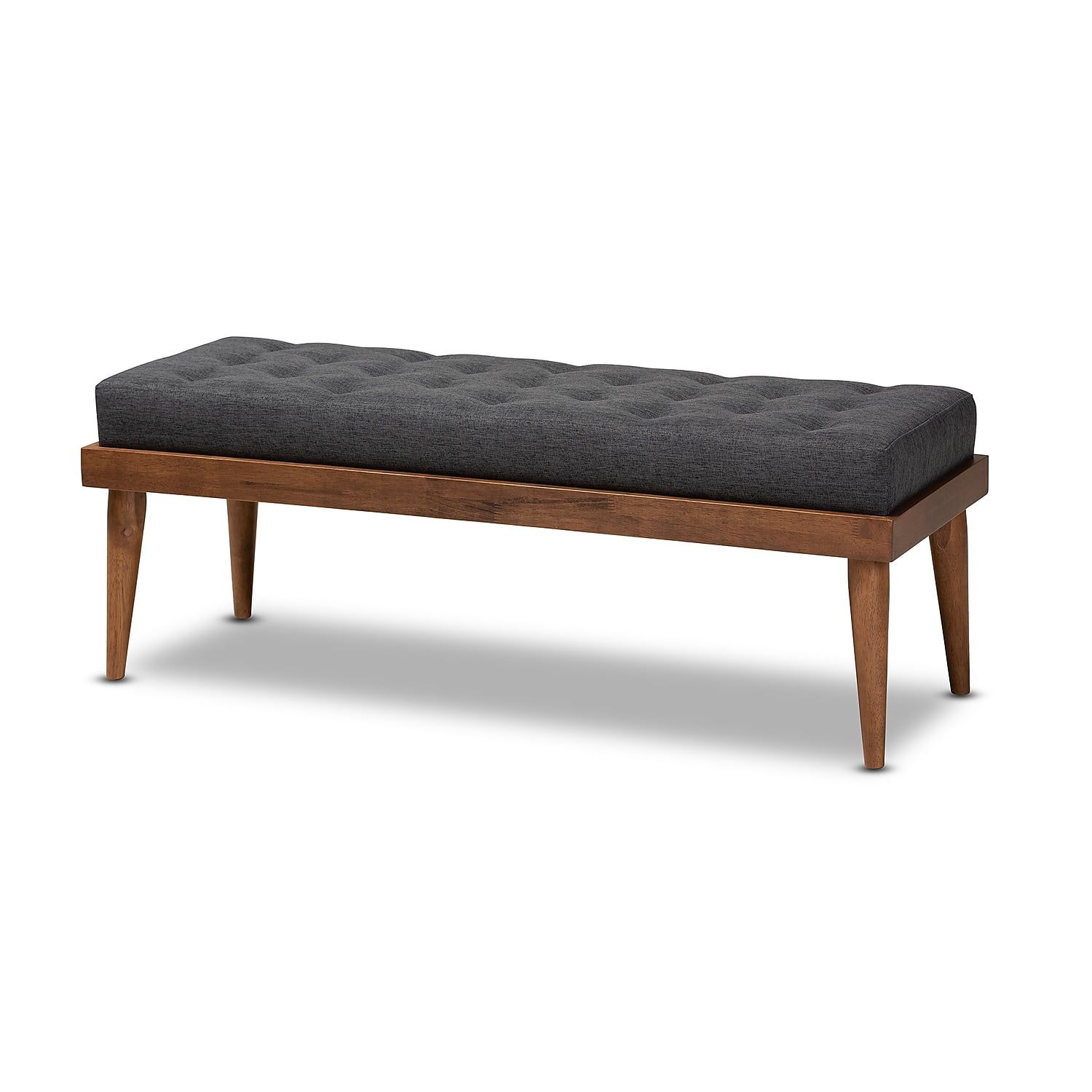 Gray Upholstered Walnut Wood Mid-Century Bench