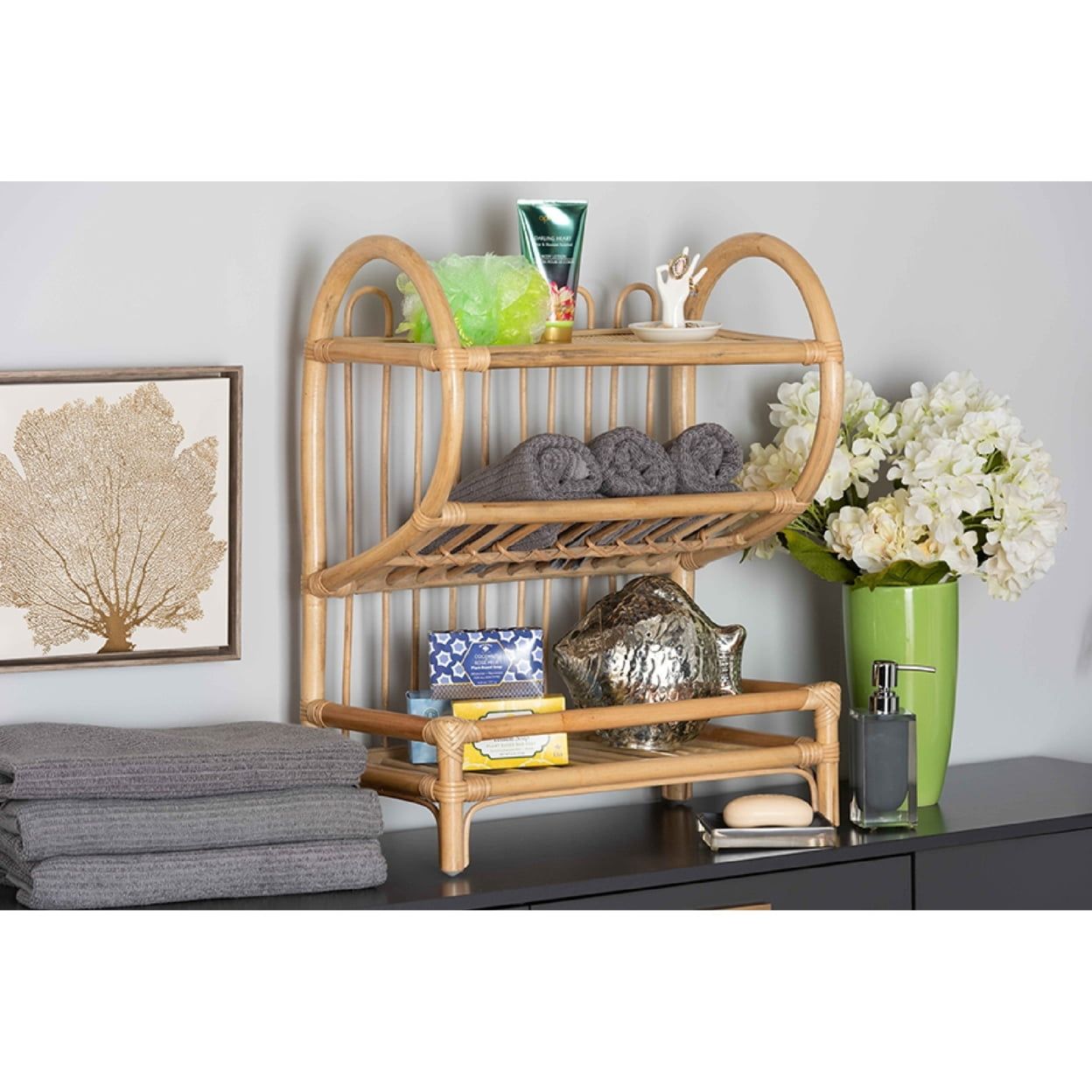 Natural Brown Rattan 2-Tier Display Shelf