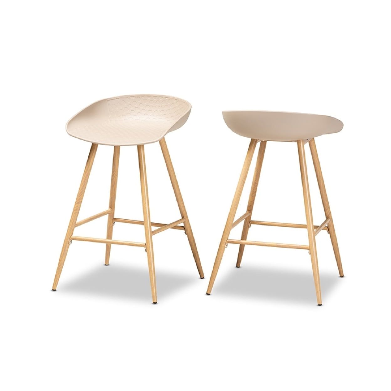 Beige Plastic and Wood Counter Height Barstools, Set of 2