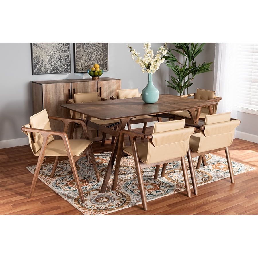 Marcena Walnut Brown 7-Piece Dining Set with Beige Imitation Leather Chairs