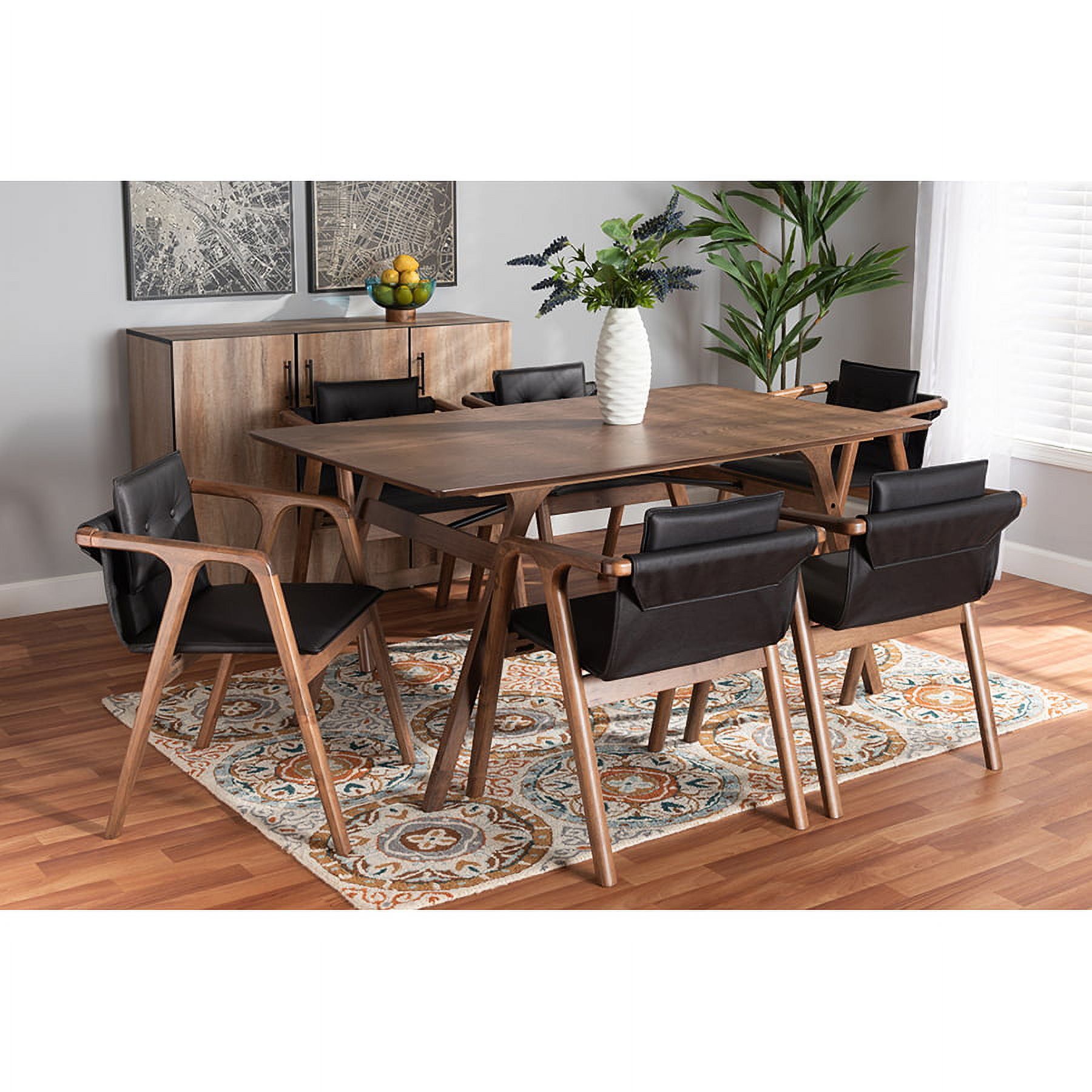 Walnut Brown & Black Faux Leather 7-Piece Dining Set with Button-Tufted Chairs